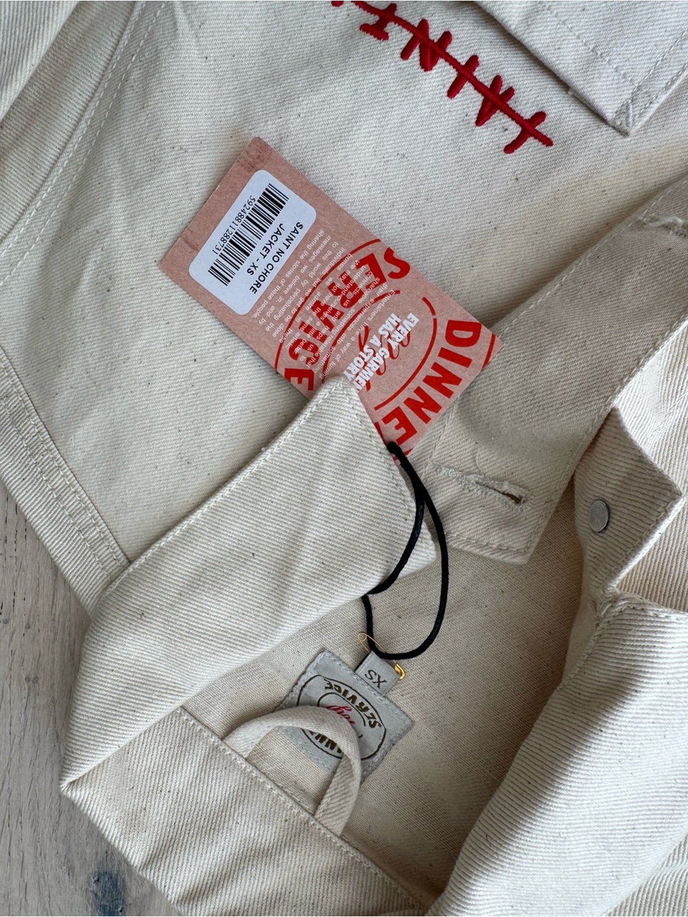 Cream Graphic Jean Jacket with Red Accent Print - Picture 5 of 10